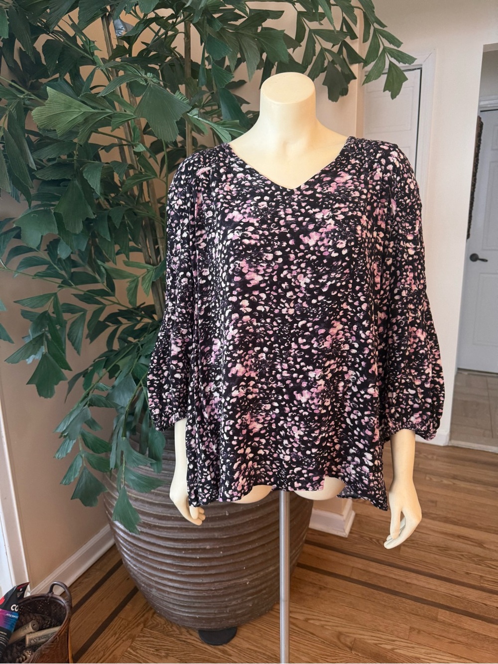 Terra & Sky Black V-Neck Tunic with Pink Floral Print